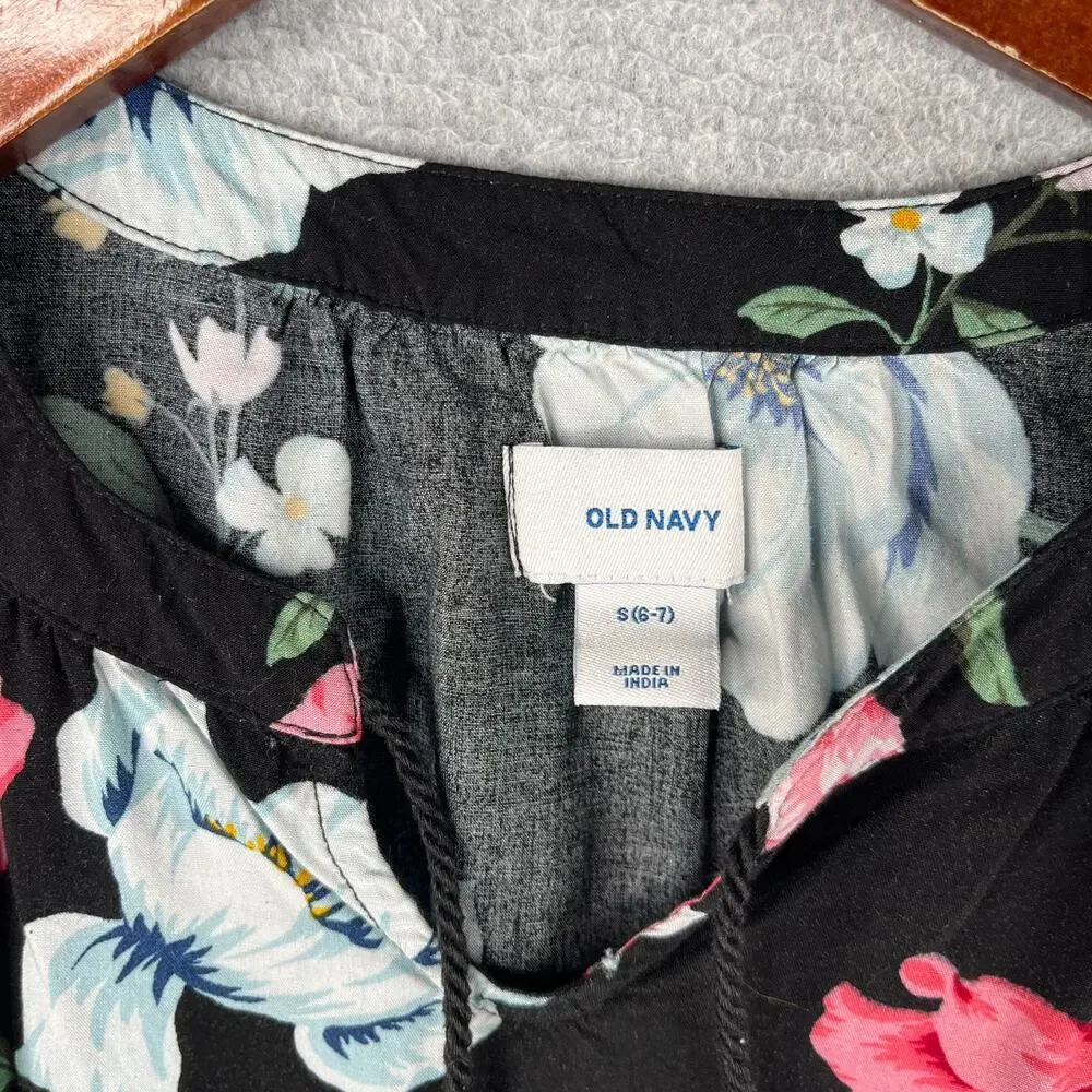 Old Navy Girls Sleeveless Shirt Flowing Tunic Top Black Pink Flowers Small 6/7
